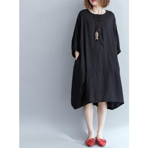 Johnature 2021 Summer Fashion New Casual O-neck Pockets Loose For Women Dresses Comfortable Half Sleeve Dress