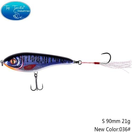 90mm 21g Colors 036 To 038 Sinking Jerk bait Single Hook With Feather Muskie Pike Fishing Lure