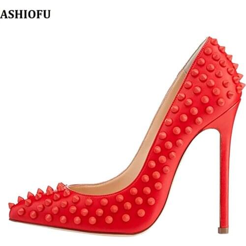 ASHIOFU Handmade New Ladies High Heel Pumps Red Rivets Spikes Party Prom Slip-on Dress Shoes Evening Fashion Court Shoes