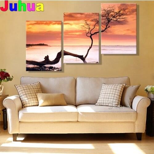 Triptych diy 5d diamond painting red tree 3 pieces full square diamond mosaic embroidery sunset landscape rhinestone decoration