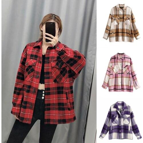 Women Fall Winter Single-breasted Lapel Collar Leisure Long-sleeved Plaid Chic Top Cardigan Coat Outwear Shirt
