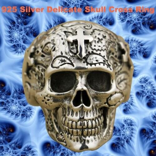 Punk Retro Fashion Cross Ring Solid 925 Sterling Silver Cool Mens Knight High Detail Skull Ring TA55