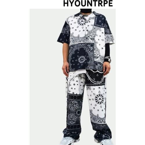 2 Pieces Sets Mens Paisley Tie-dyed Short Sleeve Shirts and Elastic Waist Straight Joggers New Hip Hop Tracksuit Streetwear Sets