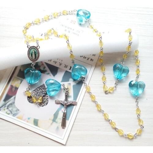 Qigo Yellow Crystal Rosary Necklace Blue Heart Jesus Cross Pendant Religious Jewelry For Women