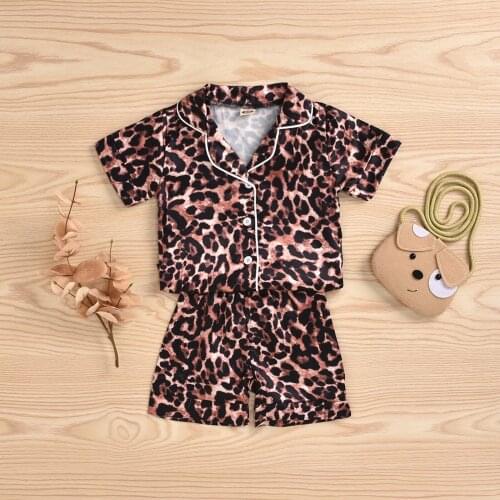 Summer Toddler Infant Kids Baby Girls Satin Short Sleeve Leopard Printed Button Sleepwear Pajama Top Short Pants Outfits Sets#p4