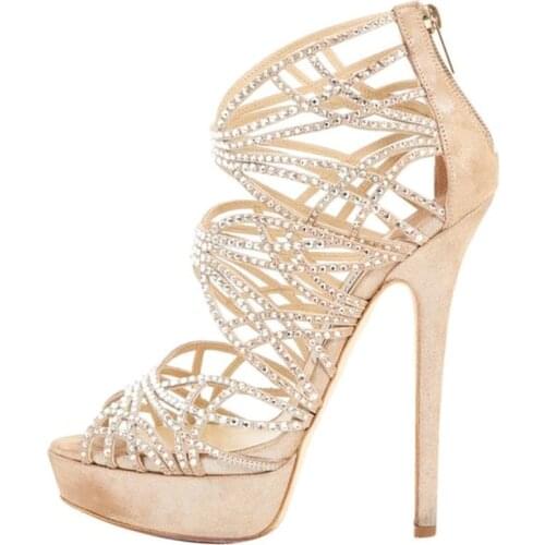 Fashion Bling Bling Crystal Strappy Sandals Suede Stiletto Heels Platform Cross Strap Wedding Dress Shoes Party Size 42