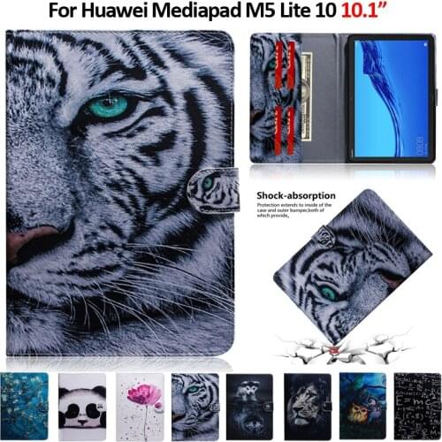 Fashion Tiger Lion Panda Leather Tablet Cover For Huawei Mediapad M5 Lite Case 10.1" Wallet Stand For Huawei M5 Lite 10 Case
