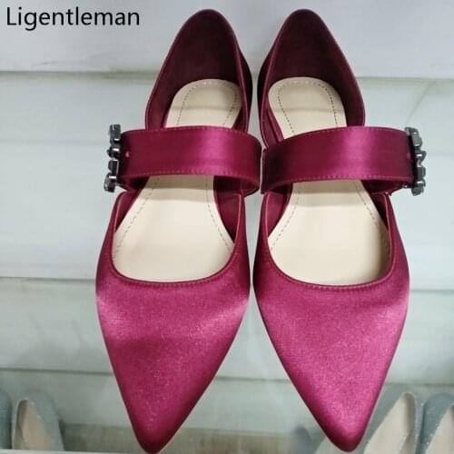Flats Shoes Woman Basic 2021 Red Wine Satin Cloth Rhinestones Pointed Toe Shallow Mouth Hollow Fashion Casual Flats Women Shoes