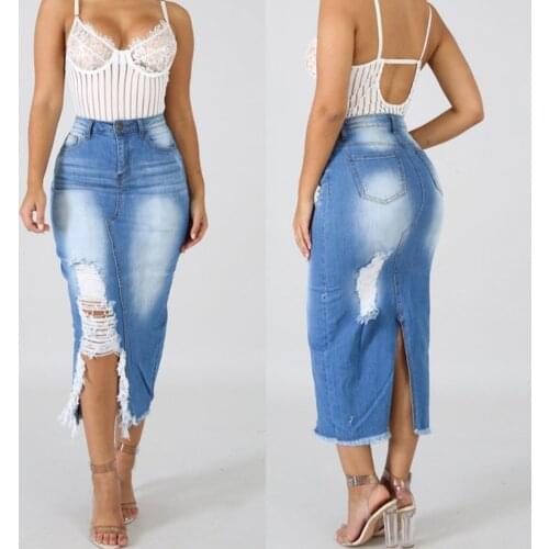Sexy Hole Denim Skirts Women High Waist Washed Jean Skirt Ladies Casual Bandage Split Plus Size Skirt