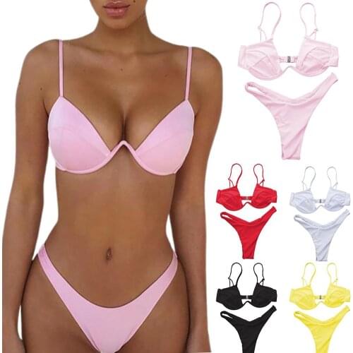 Sexy Women Solid Color Swimsuit Underwired Bra G-string Briefs Beach Bikini Set