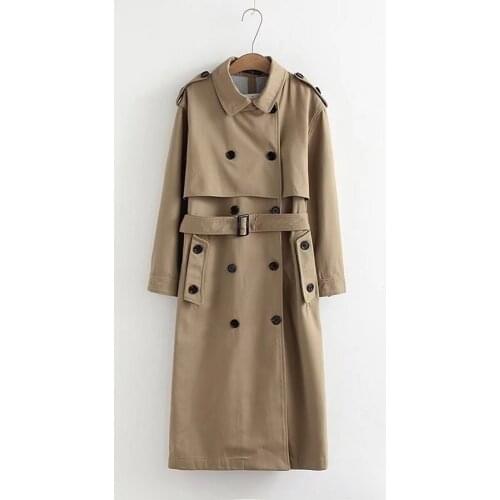 Khaki Trench Coat Women Casual Solid color Double Breasted Outwear Sashes Office Coat Chic Epaulet Design Long Trench Coat 2727