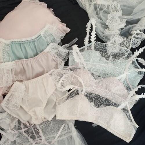 Wriufred Retro girl lace satin bra set women sexy plus size lingerie with panties suit female homewear comfortable underwear set