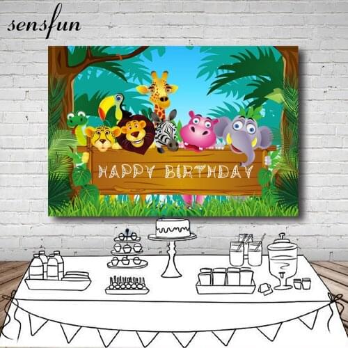 Sensfun Jungle Party Photography Backdrop For Kids Cartoon Animals Safari Happy Birthday Backgrounds For Photo Studio 7x5FT