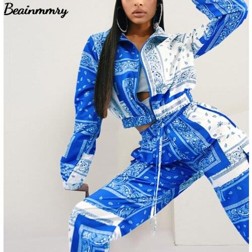 Za Women Bandana Print Two Piece Set Casual Paisley Print Long Sleeve Zippers Short Jacket Tops Jogger Pants Suits Tracksuit