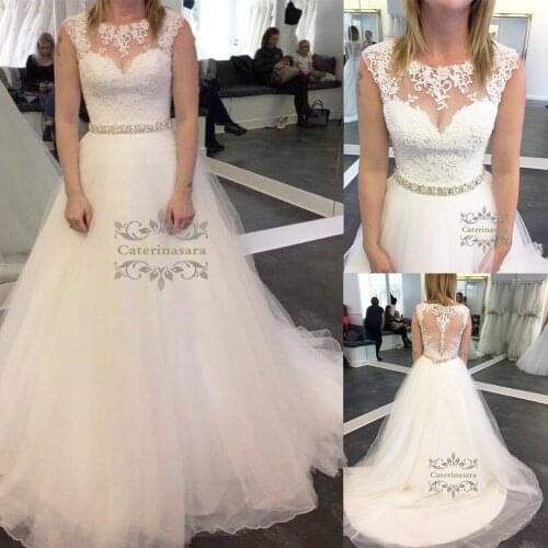 Illusion Scoop Lace Wedding Dress A-Line Tulle Bridal Dress for Women Elegant Sheer Back Wedding Dresses with Crystals Sash