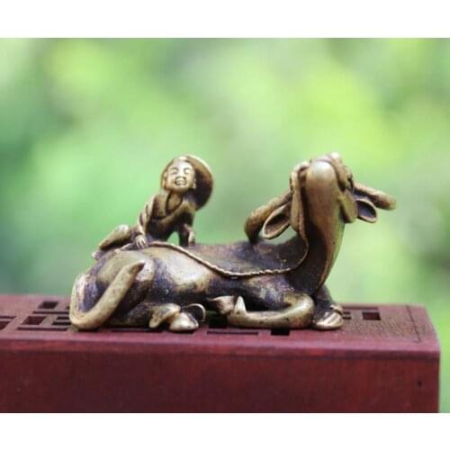 5.5 cm China 100% Pure Bronze Cowherd and weaver small statue Zodiac animal Children Boy OX Oxen buffalo Sculpture kids toys