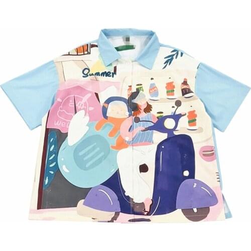 Blue Women Chiffon Blouses And Top 2020 Summer Fashion Cartoon Print Shirt Korea Style Girl Short Sleeve Turndown Collar Blusas