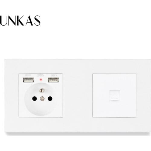 UNKAS French Standard Electric Socket with 2 USB Charge Port +1 Gang RJ11 Telephone Connector PC Plastic Panel 172*86mm
