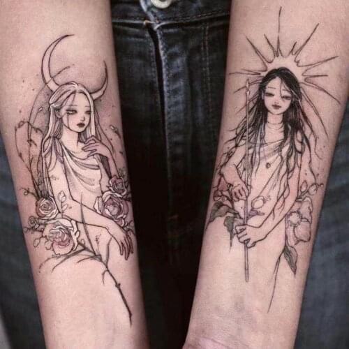2PCS Evil Girls Fake Tattoo Stickers For Men Women Arm Waist Temporary Tattos Dark Rose Lady Waterproof Tatoos