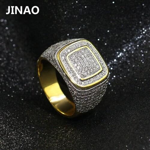 JINAO Hip Hop All Iced Out Bling Micro Pave Cubic Zirconia Stones Ring Gold-plated Copper High Quality Jewelry For Men Gift