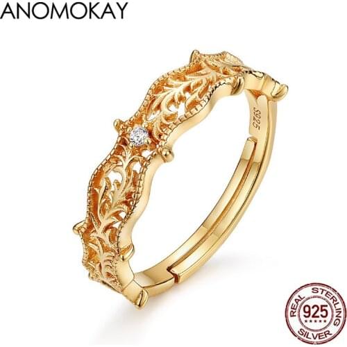 Anomokay Vintage Vine Leaves Rose Gold Color Rings Simple Series 925 Sterling Silver Adjustable Ring for Women Gift