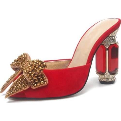 Moraima Snc Summer Peep Toe Thick Heels Woman Slippers Sexy Crystal Bowknot Decorations Dress Sandal 10cm Heels Shoe