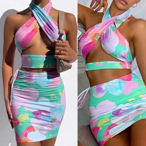 Tie Dye Printed Mini Bodycon Dress Festival Outfits Party Club For Women Backless Halter Cut Out Sexy Summer Dress 2021