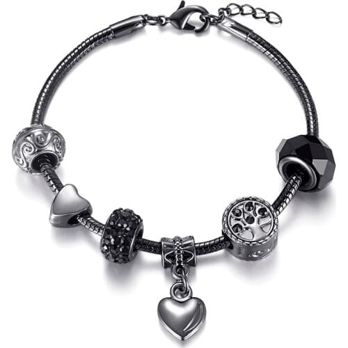 Ocybyna High-end Black Charm Bracelet For Women DIY Jewelry Gifts Heart Pendant Crystal Brand Bracelet Valentines Day Present