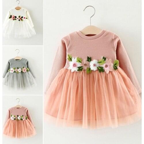Toddler Baby Girls Flower Dresses Round Neck Long Sleeve Stripe Solid Color Mesh Patchwork Panel Cute Princess Dress for Party