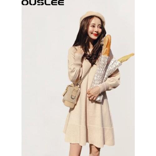 OUSLEE Chic Women Knit Sweater Dress Spring Autumn Casual Knitted A Line Mini Dresses Ribbed Lantern Sleeve Pullover Party Dress