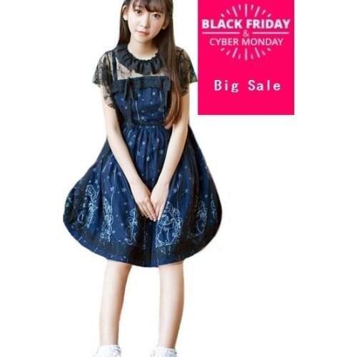 Sky Constellation Gothic Lolita Dress Dark Blue JSK Veil Tunic Night Angel Pattern Short Sleeve Dresses Girls Sweety Gifts AW354