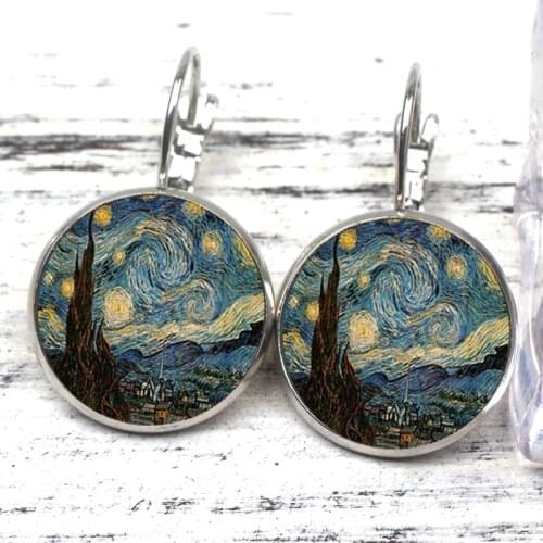 Charm 3 Color Famous Artist Starry Night Stud Earrings Simple Style Earings Van Gogh Glass Cabochon Jewelry Women Gift Souvenir