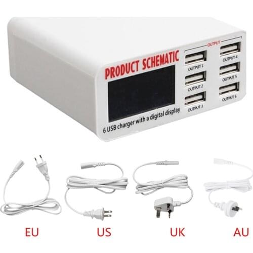 AU/EU/US/UK Plug 6A 6 USB Port Fast Charger Wall Charging Adapter LCD Screen E56B