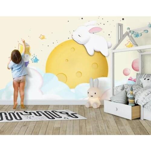 Modern moon on the bunny sleeping cute cartoon children room background wall