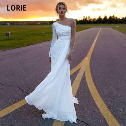 LORIE Boho Wedding Dresses O-Neck Beaded A-Line Long Sleeves A-Line White Ivory Side Split Chiffon Wedding Gown Bride Dress 2021