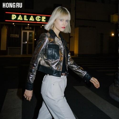 Spring locomotive hit color Leather Jacket female Short silver street Motorcycle Pockets Black PU Leather Bikers Jacket F1034