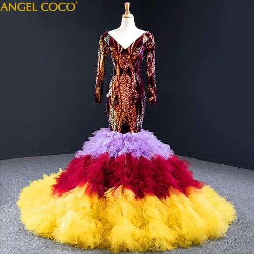 Hit The Color Bright V-Neck Long Sleeve Luxury Evening Dresses Full Sequin Tiered High-End Prom Dresses 2020 Gown Custom Made