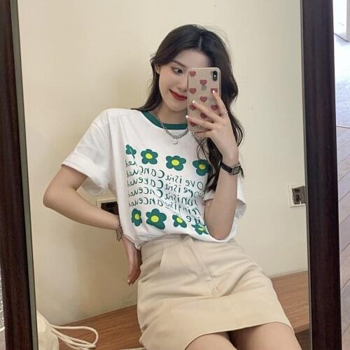 2021 summer new Korean version loose contrast color round neck flower letter printing T-shirt womens short-sleeved tops