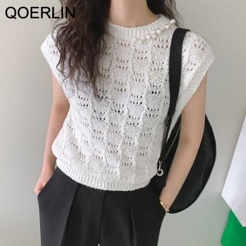 QOERLIN O-Neck Sleeveless Tank Tops Women Summer Hollow Out Beading Pearl Vest Female White Blouse Streetwear Elegant T-Shirts