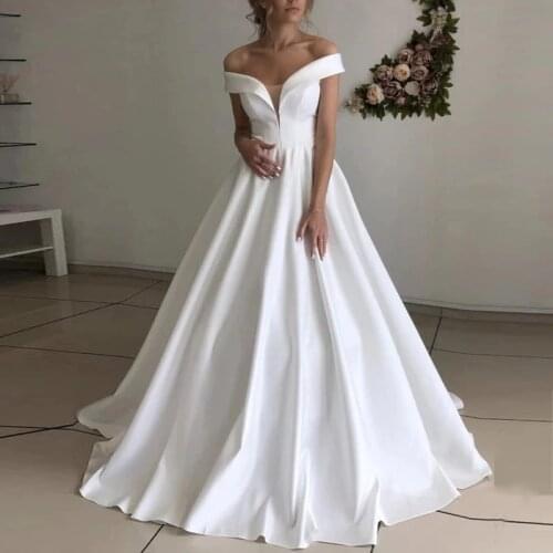 Angelsbridep V-Neck Ball Gown Wedding Dresses Robe De Mariee Sexy Off-Shoulder Court Train Satin Bride Dress Plus Size