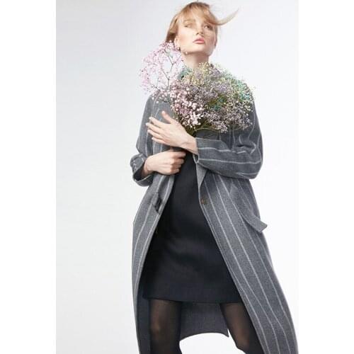 Winter Long Jackets And Coats Women European Brand Gray Striped Wool Coat Female Windbreaker Casual Tops LX1923