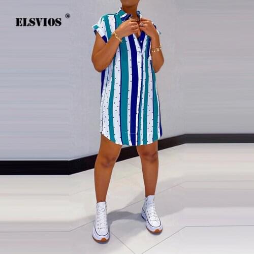 Trend Fashion Lady Stripe Printing Shirt Dress Summer Elegant Women Lapel Buttoned Short-Sleeve Loose Casual Streetwear Sundress