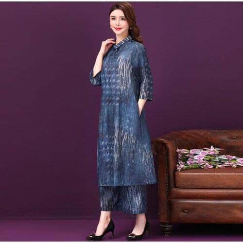 2 Pieces Autumn Big Code Silk Printed Women Dress New Style Elegant Temperament Female Wide Legged Trousers Dresses