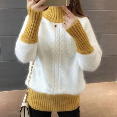 2021 Womens Autumn Winter New Loose Patchwork Pullovers Female Warm Knitted Jumpers Ladies Long Sleeve Casual Sweater Tops P419