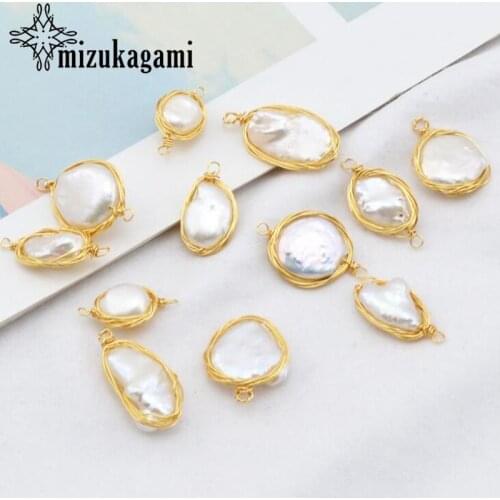 4pcs/lot Handmade Irregular pearl pendant wrapped with true gold-plated copper wire For DIY Fashion Earrings Jewelry Accessories