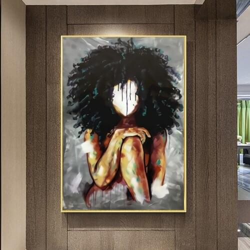 African black Woman Fluffy Hair Abstract Canvas Painting Posters and Print Wall Art Picture for Living Room Cuadros Home Decor