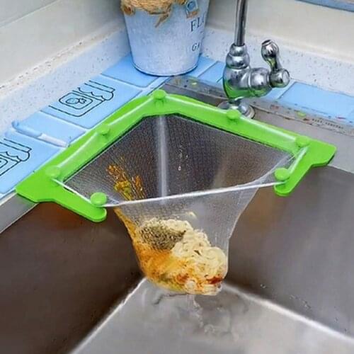 Household Triangular Hanging Sink Strainer Drain Net Bag With Bracket Vegetable Fruit Drainer Basket Kitchen Sink Filter Basket