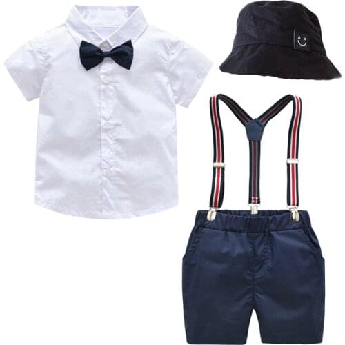 Summer Boys Clothes with Hat 1-6 Years Kids White Shirt + Navy Shorts + Black cap 5 PCS Children Wedding Suits Costume