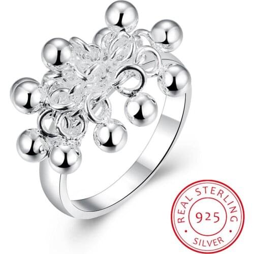 100% 925 Solid Sterling Silver Smooth Surface Beads Cocktail Ring Size 6 7 8 9 10 Women Girls Kids Xmas Gift Finger Rings Women