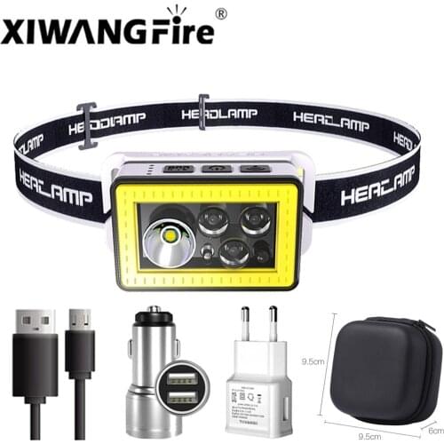 T6+COB Sensor Headlight Built-in Battery Portable Strong Multifunctional Headlamp USB Rechargeable LED Night Running lantern